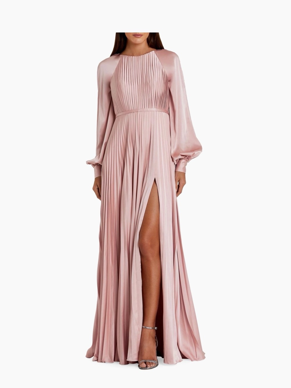 Mac Duggal Blush Pink Pleated A-Line Gown Puff Sleeve High Slit Formal Dress NWT